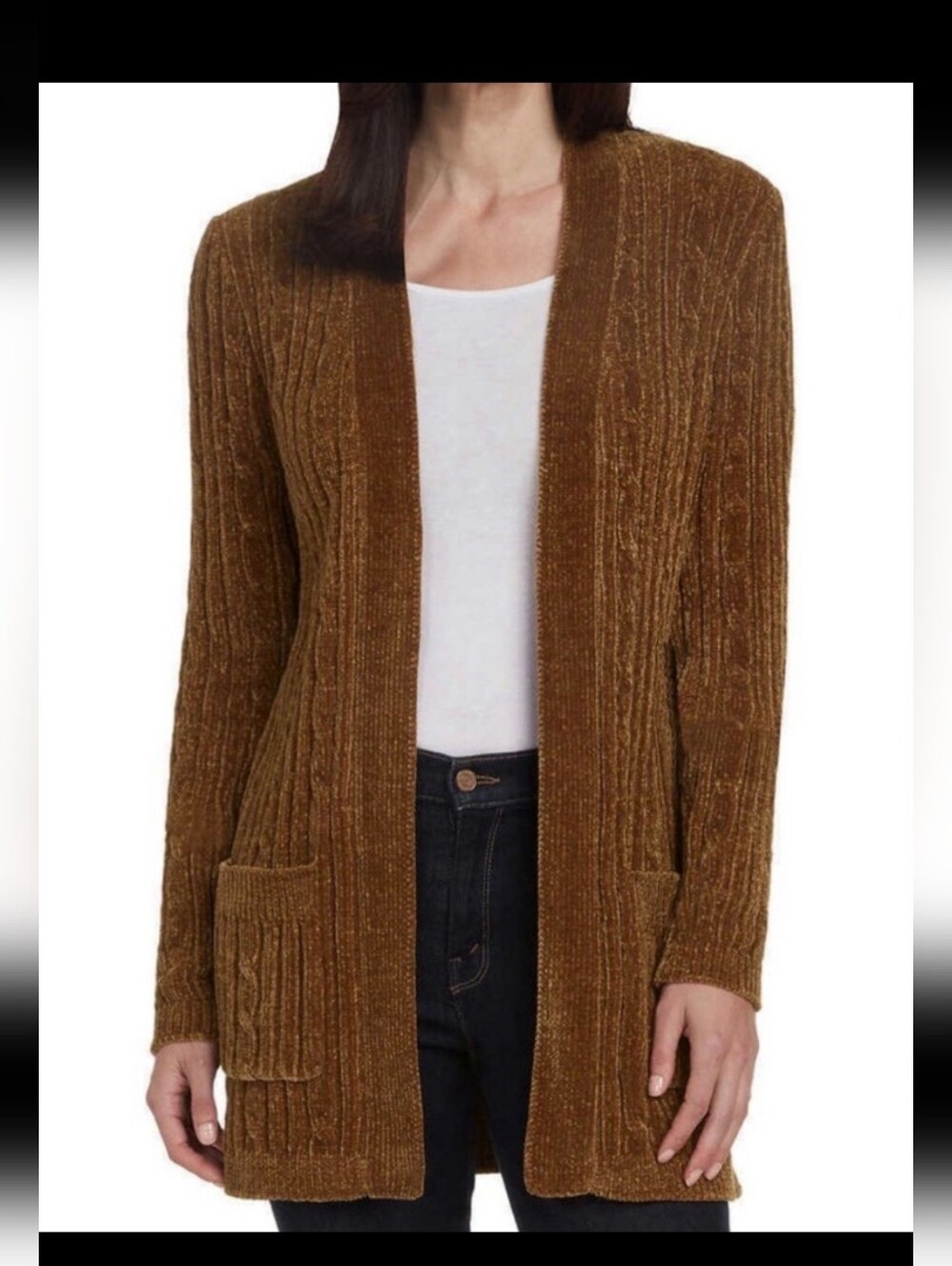 Matty M Open-Front Chenille Cardigan in Brown